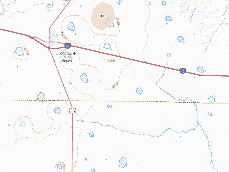 Radar-estimated hail-size map of the storm over Vega, TX on Jul 24, 2026