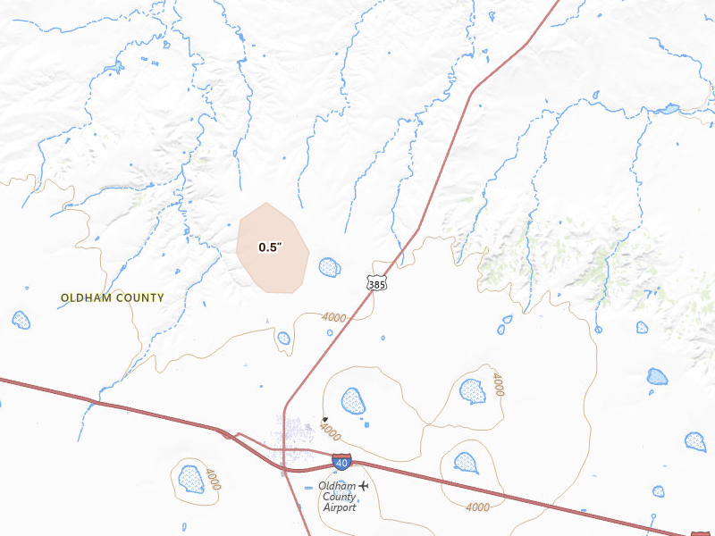 Radar-estimated hail-size map of the storm over Vega, TX on Aug 16, 2026