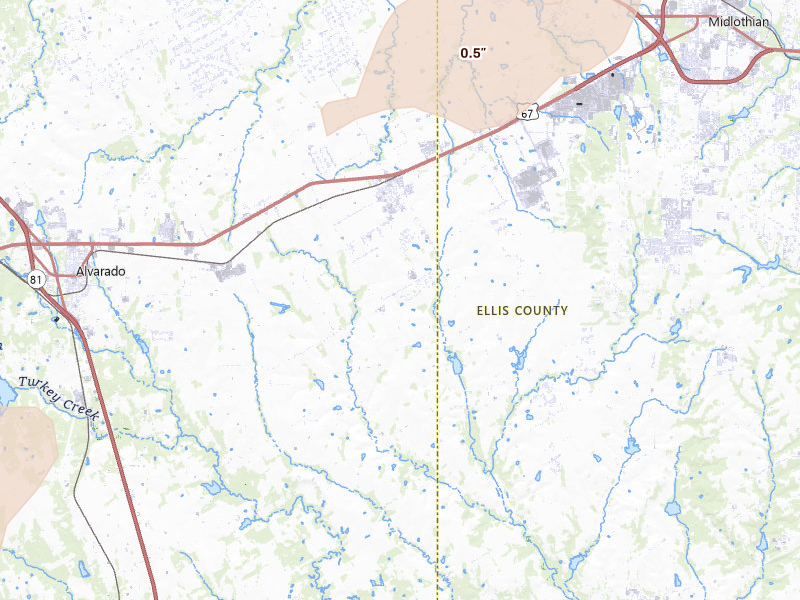 Radar-estimated hail-size map of the storm over Venus, TX on Mar 4, 2026