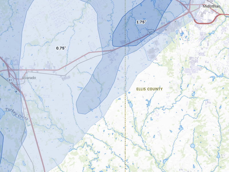NEXRAD radar-signature map of the hail storm over Venus, TX on Mar 4, 2026