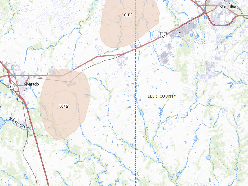Radar-estimated hail-size map of the storm over Venus, TX on May 19, 2026