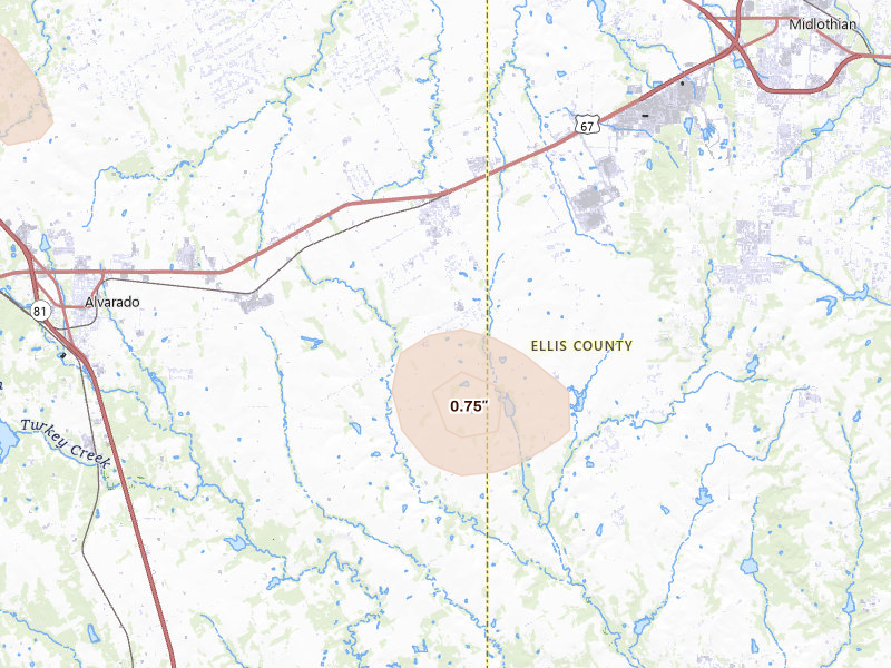 Radar-estimated hail-size map of the storm over Venus, TX on May 25, 2026