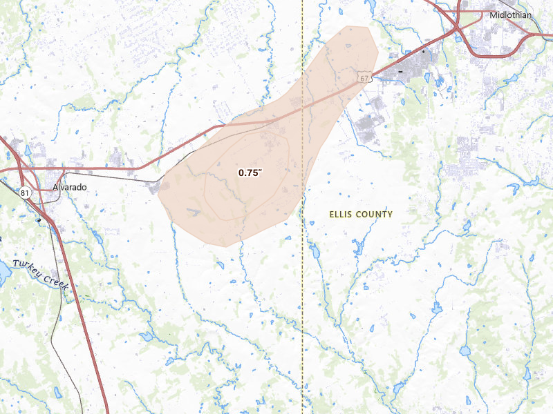 Radar-estimated hail-size map of the storm over Venus, TX on Jun 2, 2026