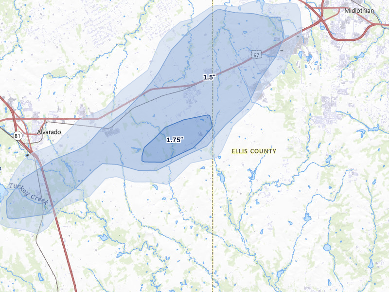 NEXRAD radar-signature map of the hail over Venus, TX