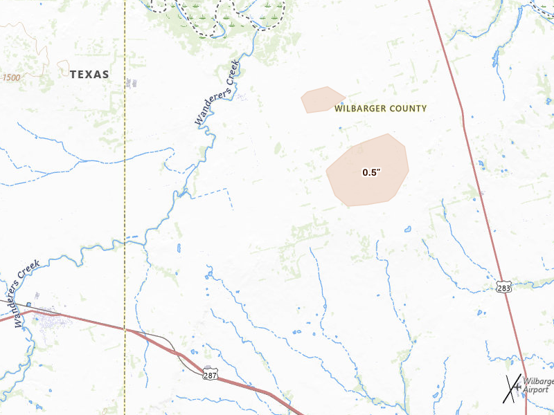 Radar-estimated hail-size map of the storm over Vernon, TX on Mar 10, 2026