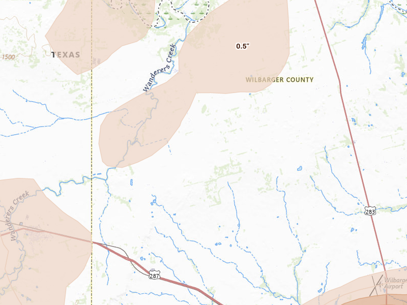 Radar-estimated hail-size map of the storm over Vernon, TX on Apr 1, 2026