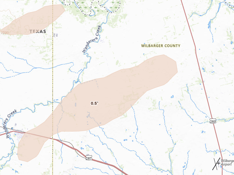 Radar-estimated hail-size map of the storm over Vernon, TX on Apr 3, 2026