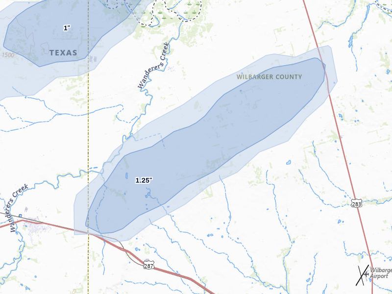 NEXRAD radar-signature map of the hail over Vernon, TX