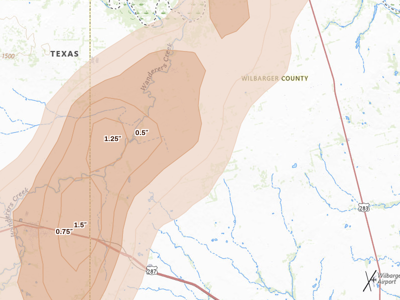 Radar-estimated hail-size map of the storm over Vernon, TX on May 8, 2026