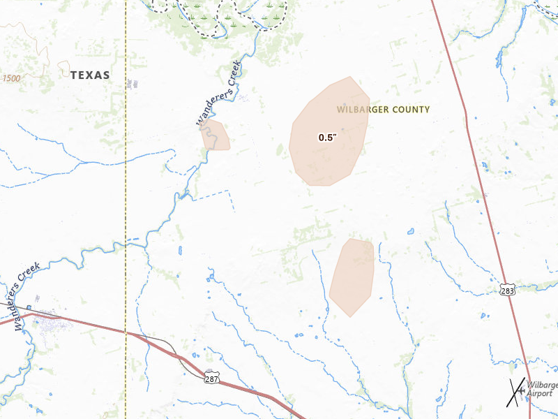 Radar-estimated hail-size map of the storm over Vernon, TX on Jun 5, 2026