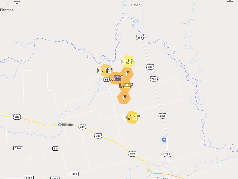Hail map of Vernon, TX on Jun 5, 2026, hail up to 1.25"