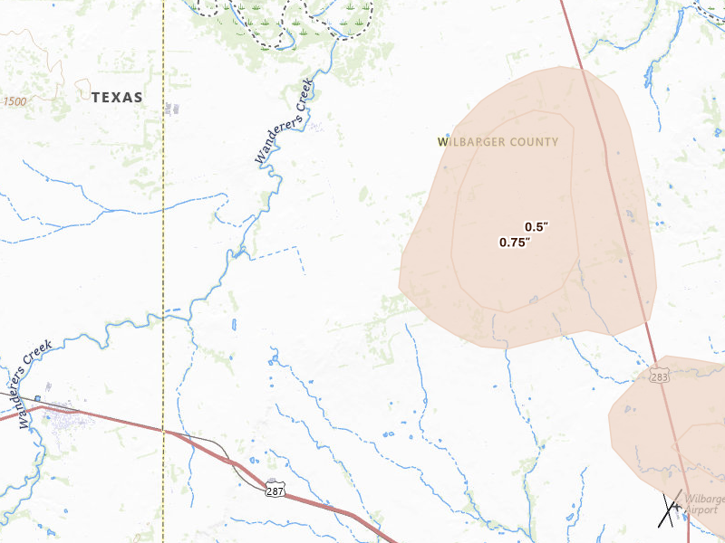 Radar-estimated hail-size map of the storm over Vernon, TX on Jul 5, 2026