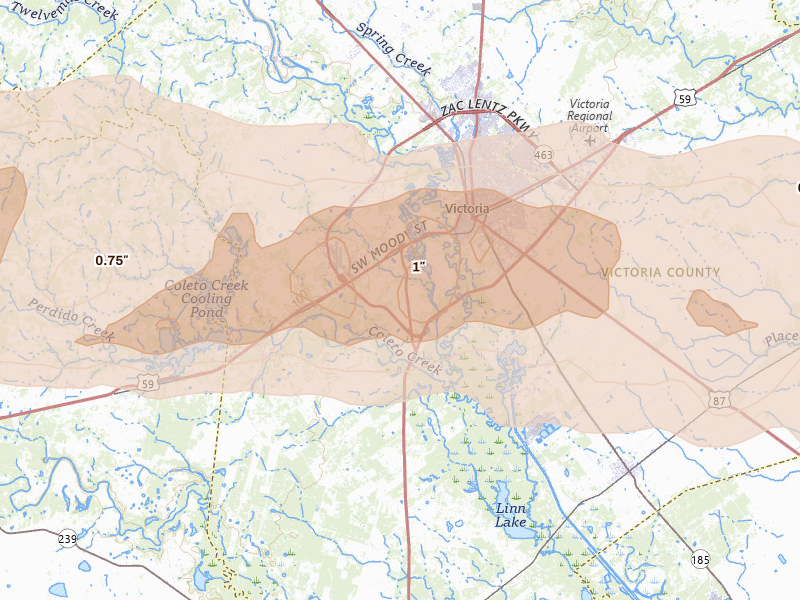 Radar-estimated hail-size map of the storm over Victoria, TX on May 1, 2026