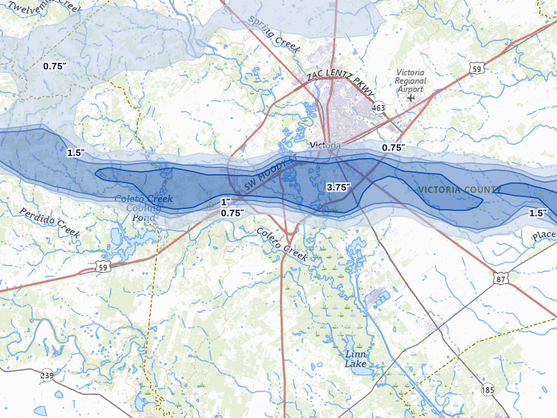 NEXRAD radar-signature map of the hail storm over Victoria, TX on May 1, 2026