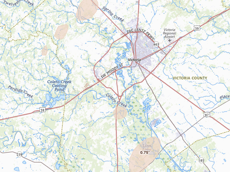 Radar-estimated hail-size map of the storm over Victoria, TX on May 23, 2026