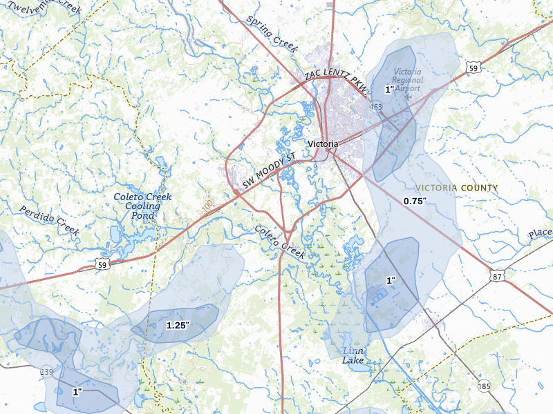 NEXRAD radar-signature map of the hail over Victoria, TX