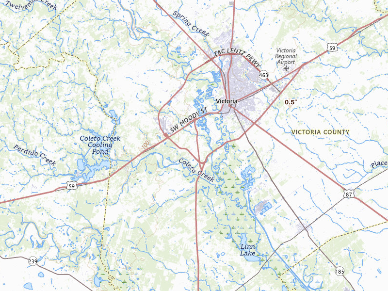 Radar-estimated hail-size map of the storm over Victoria, TX on Jul 8, 2026