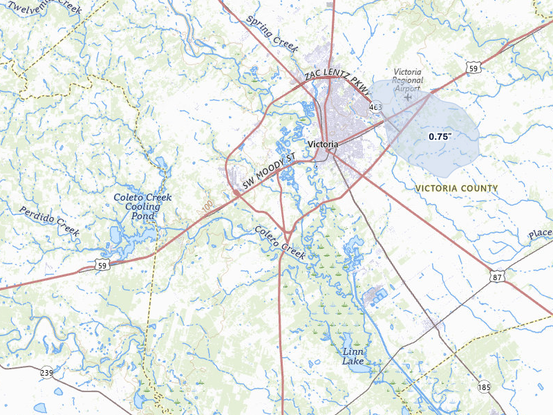 NEXRAD radar-signature map of the hail storm over Victoria, TX on Jul 8, 2026