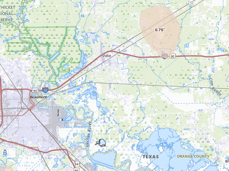 Radar-estimated hail-size map of the storm over Vidor, TX on Jul 7, 2026