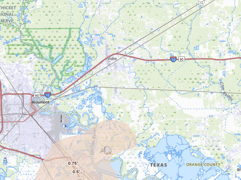 Radar-estimated hail-size map of the storm over Vidor, TX on Jul 22, 2026