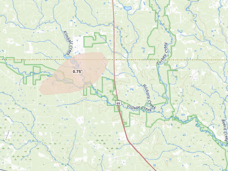Radar-estimated hail-size map of the storm over Village Mills, TX on May 8, 2026