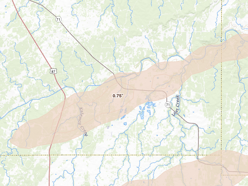 Radar-estimated hail-size map of the storm over Voca, TX on Apr 18, 2026
