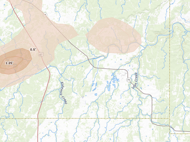 Radar-estimated hail-size map of the storm over Voca, TX on Jun 2, 2026