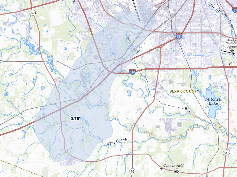 NEXRAD radar-signature map of the hail storm over Von Ormy, TX on Jul 11, 2026