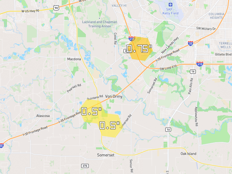 Hail map of Von Ormy, TX on Jul 11, 2026, hail up to 0.75"
