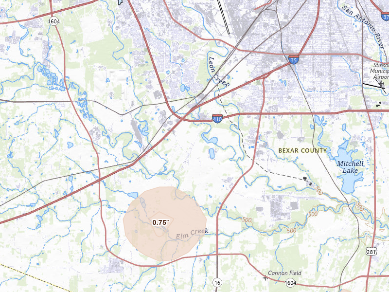 Radar-estimated hail-size map of the storm over Von Ormy, TX on Aug 27, 2026