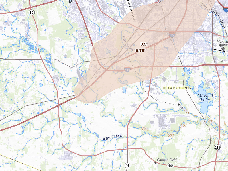 Radar-estimated hail-size map of the storm over Von Ormy, TX on Aug 28, 2026