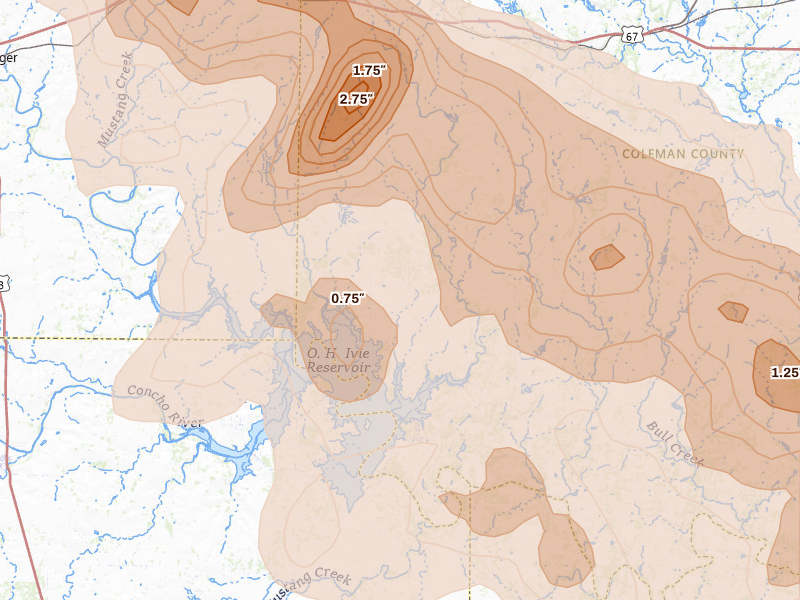 Radar-estimated hail-size map of the storm over Voss, TX on May 10, 2026