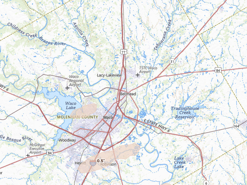 Radar-estimated hail-size map of the storm over Waco, TX on Apr 12, 2026