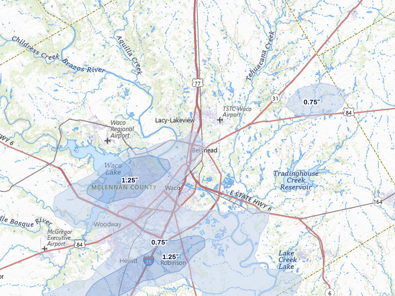 NEXRAD radar-signature map of the hail over Waco, TX