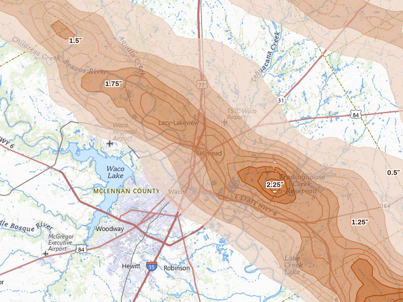 Radar-estimated hail-size map of the storm over Waco, TX on Apr 28, 2026