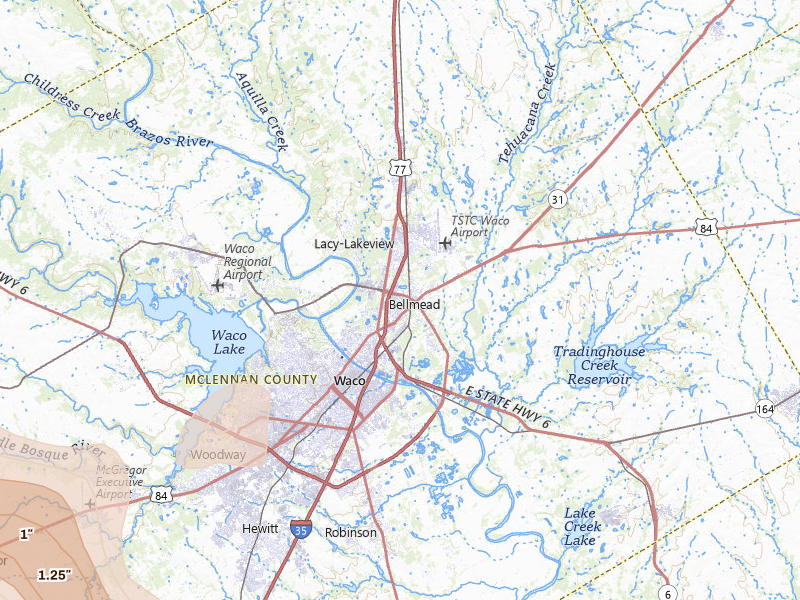 Radar-estimated hail-size map of the storm over Waco, TX on May 10, 2026
