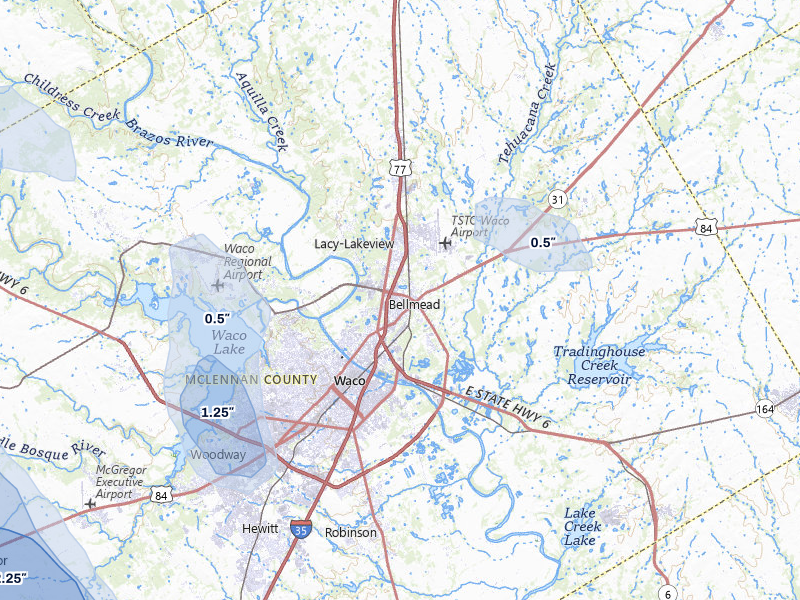 NEXRAD radar-signature map of the hail storm over Waco, TX on May 10, 2026