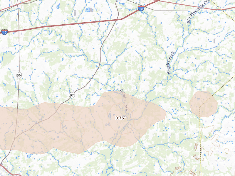 Radar-estimated hail-size map of the storm over Waelder, TX on Apr 30, 2026
