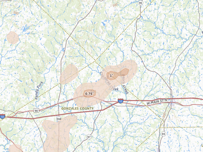 Radar-estimated hail-size map of the storm over Waelder, TX on Aug 27, 2026
