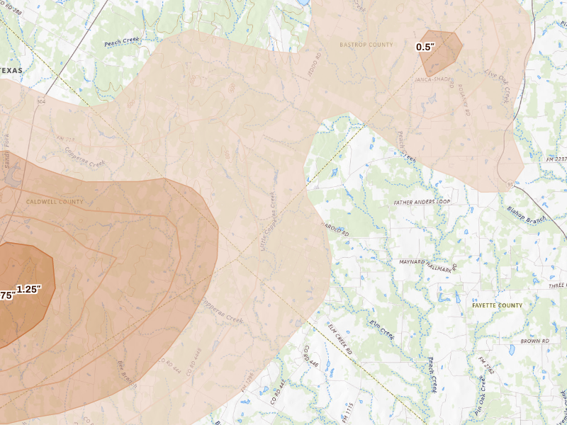 Radar-estimated hail-size map of the storm over Waelder, TX