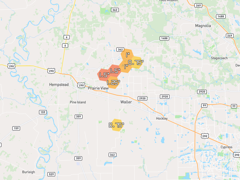 Hail map of Waller, TX on Jun 2, 2026, hail up to 1.5"