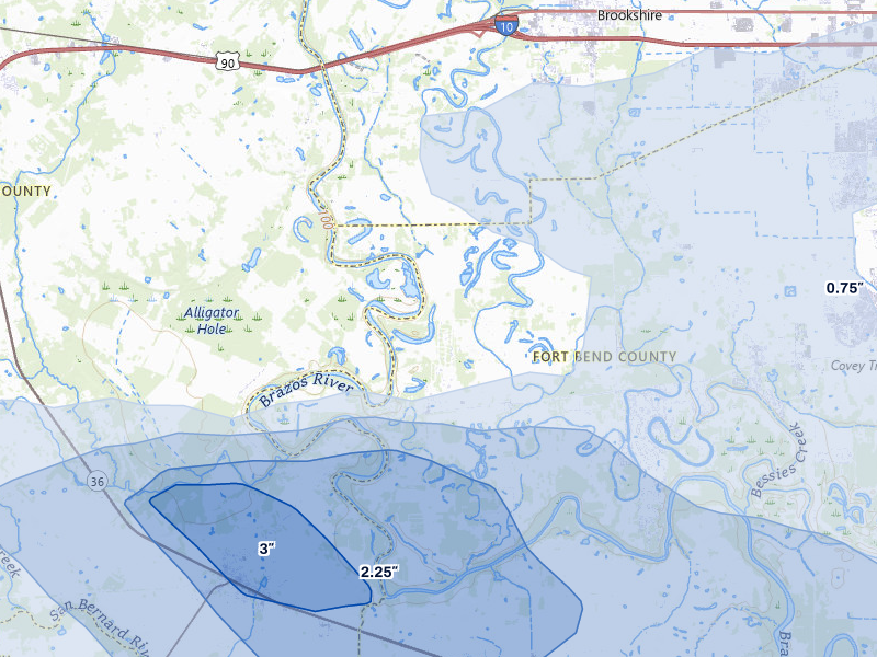 NEXRAD radar-signature map of the hail over Wallis, TX