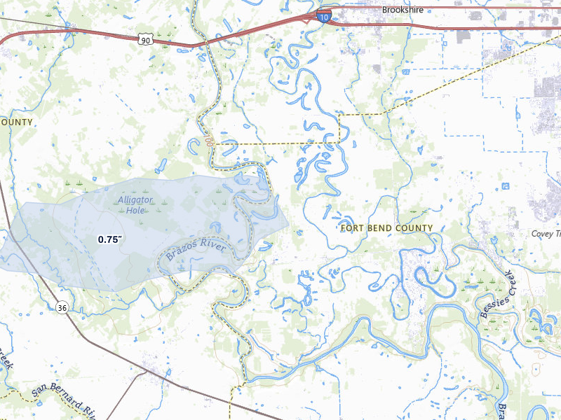 NEXRAD radar-signature map of the hail storm over Wallis, TX on May 10, 2026