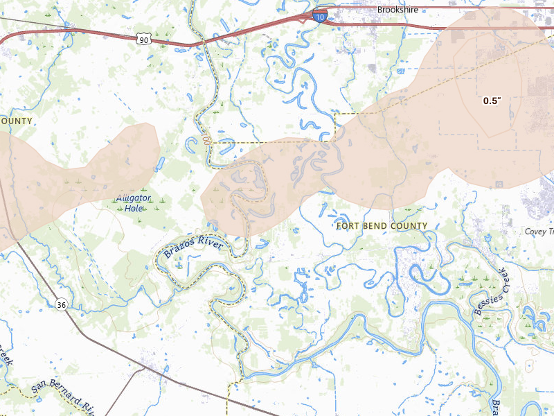 Radar-estimated hail-size map of the storm over Wallis, TX on Jun 2, 2026