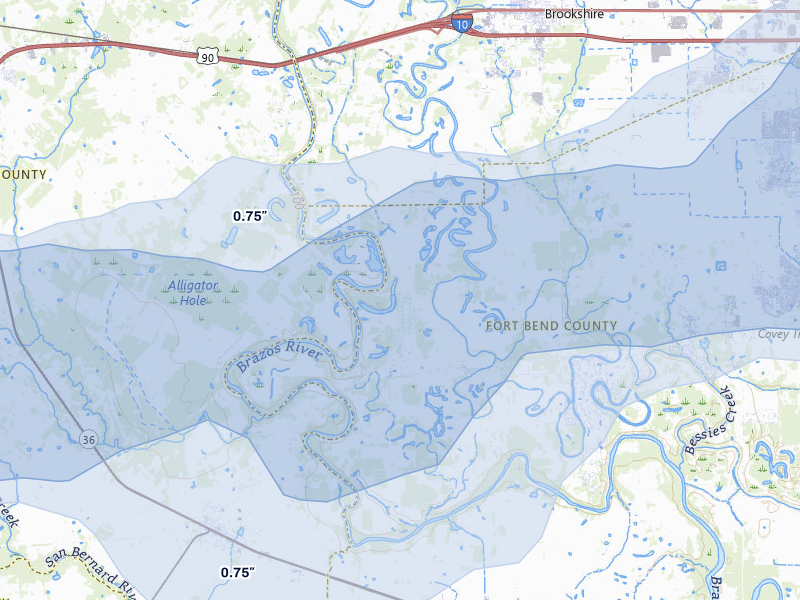 NEXRAD radar-signature map of the hail over Wallis, TX