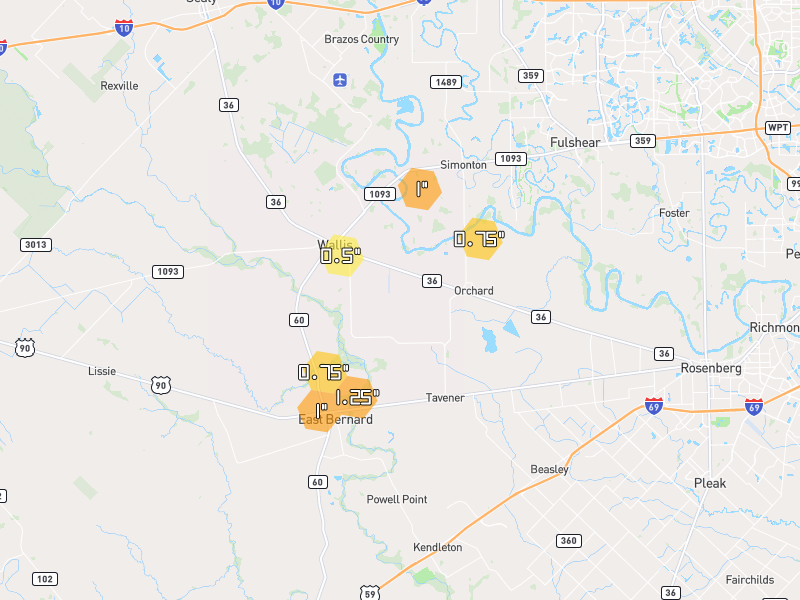 Hail map of Wallis, TX on Jun 2, 2026, hail up to 1.25"