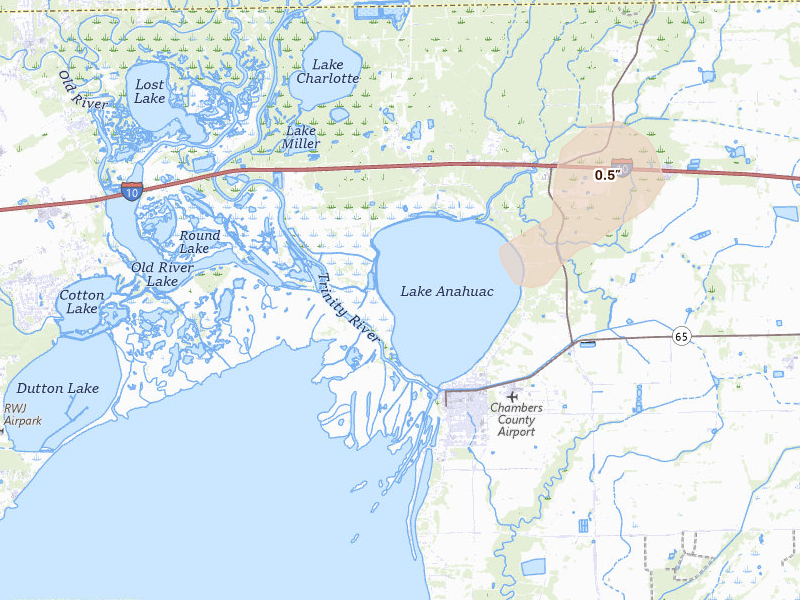 Radar-estimated hail-size map of the storm over Wallisville, TX on Jul 22, 2026