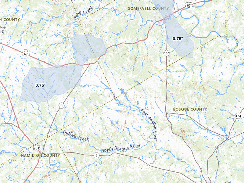 NEXRAD radar-signature map of the hail over Walnut Springs, TX