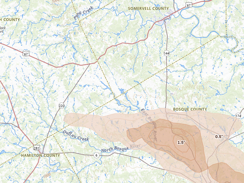 Radar-estimated hail-size map of the storm over Walnut Springs, TX on Apr 28, 2026