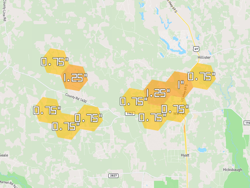 Hail map of Warren, TX on Jul 6, 2026, hail up to 1.25"